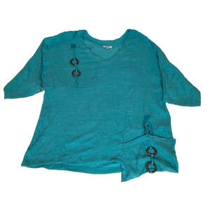 Dalin Blue Boho Artisan EarthyLoungewear Coastal Wood Ring Lightweight Blouse 2X